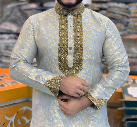 প্রিমিয়াম লাক্সারি কাতান পার্টি পাঞ্জাবি - এক্সক্লুসিভ এমব্রয়ডারি ডিজাইন