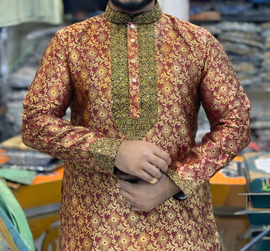 প্রিমিয়াম লাক্সারি কাতান পার্টি পাঞ্জাবি - এক্সক্লুসিভ এমব্রয়ডারি ডিজাইন